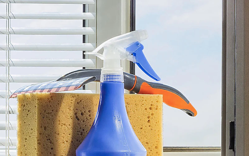 Reinigungsutensilien wie Sprühflasche, Schwamm und Abzieher stehen vor einem Fenster zur Reinigung bereit